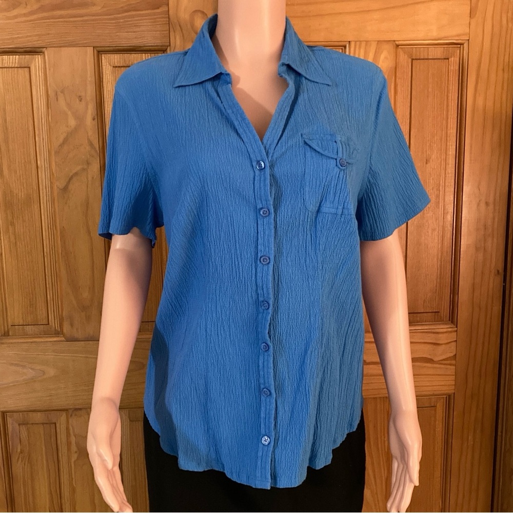 NWOT White Stag Woman Vintage 90s Stretch Top Short Sleeve Blouse Blue 1X 16W